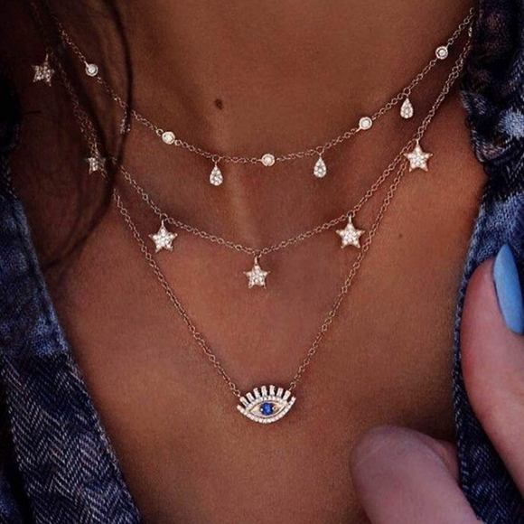 Gold Tone Star Eye Layered Necklace - Picture 6 of 6